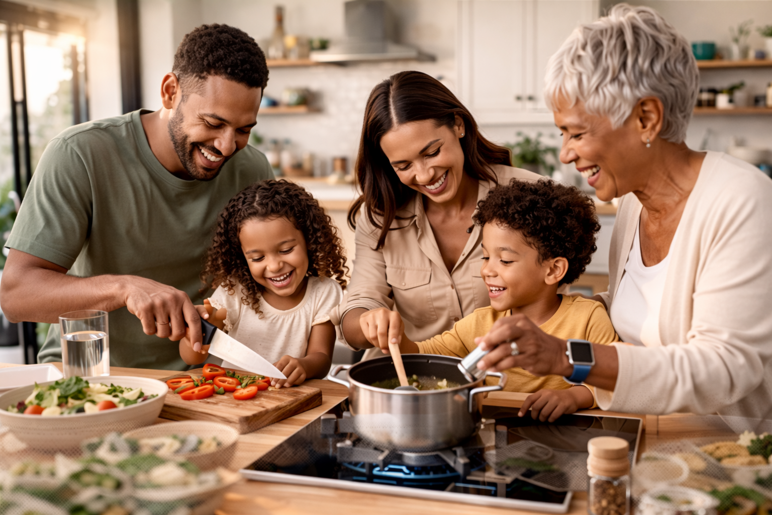The same family cooking together in a kitchen.