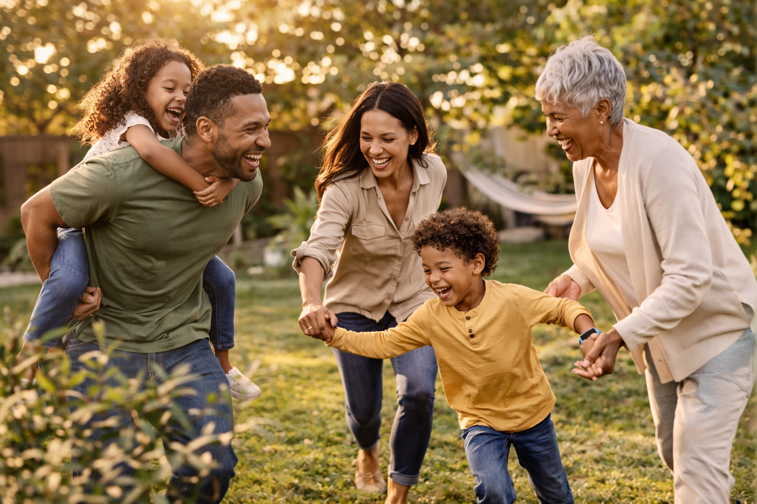 A multigenerational family spending time together outdoors.